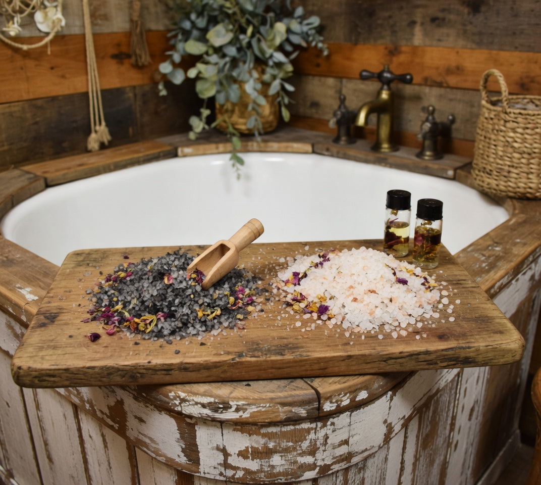 InspireByMK rustic spa bathroom display showing floral bath salts lava and epsom blends with dried rose petals, jasmine, lavender, and chamomile on wooden tray across whitewashed bathtub, paired with floral hydrosol bottles, wooden scoop, and natural botanical decor for aromatherapy bathing