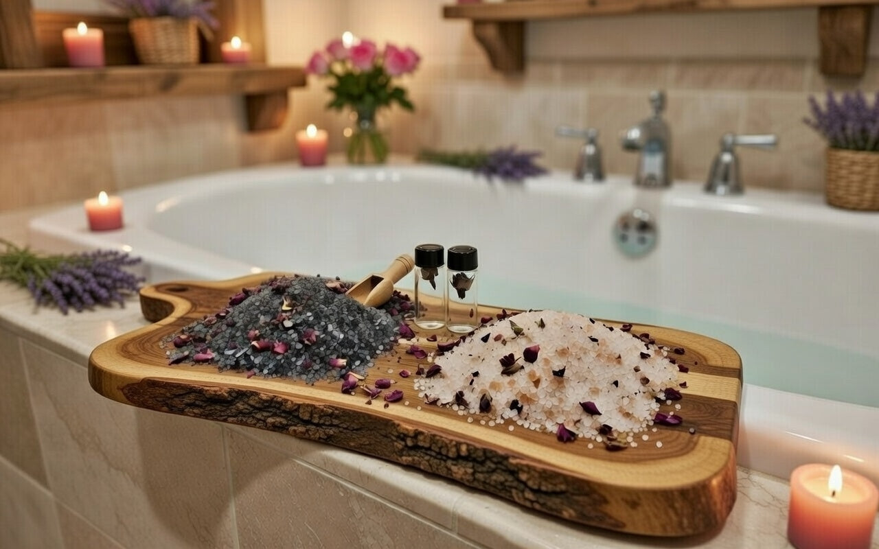 InspireByMK luxury spa bath display featuring dark lava bath salts and light epsom bath salts with dried rose petals on wooden tray, paired with rose hydrosol bottles, wooden scoop, fresh roses, lit candles, and lavender in elegant bathroom setting for natural aromatherapy bathing