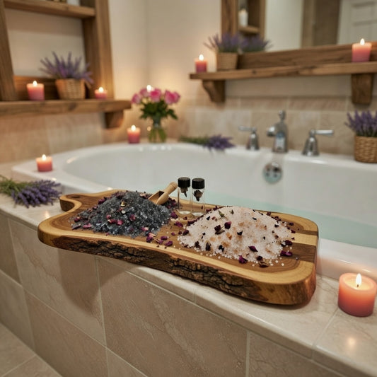 InspireByMK luxury spa bath display featuring dark lava bath salts and light epsom bath salts with dried rose petals on wooden tray, paired with rose hydrosol bottles, wooden scoop, fresh roses, lit candles, and lavender in elegant bathroom setting for natural aromatherapy bathing