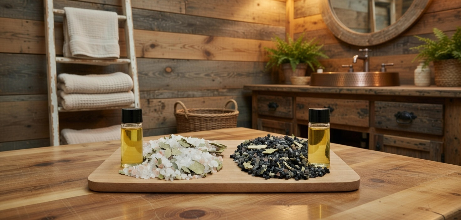 InspireByMK rustic spa bathroom display featuring light epsom eucalyptus bath salts and dark lava eucalyptus bath salts with dried eucalyptus leaves on wooden tray, paired with eucalyptus hydrosol bottles, farmhouse wood decor, rolled towels, and natural botanical styling for aromatherapy wellness