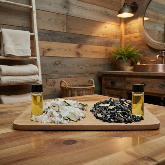 InspireByMK rustic spa bathroom display featuring light epsom eucalyptus bath salts and dark lava eucalyptus bath salts with dried eucalyptus leaves on wooden tray, paired with eucalyptus hydrosol bottles, farmhouse wood decor, rolled towels, and natural botanical styling for aromatherapy wellness