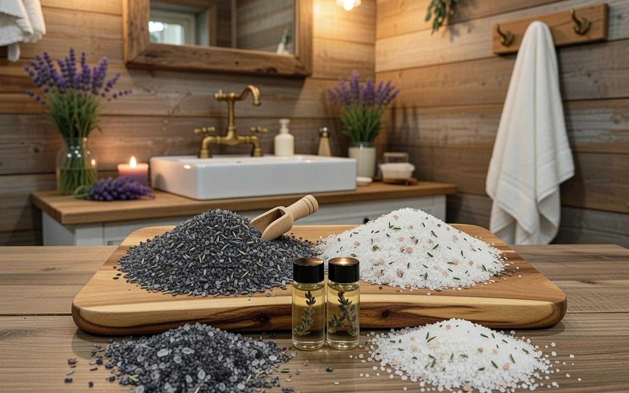 InspireByMK luxury spa bathroom display featuring dark lava and light epsom lavender bath salts with dried lavender buds on wooden tray, paired with Bulgarian lavender hydrosol bottles, wooden scoop, fresh lavender in glass vases, brass fixtures, and candles for natural aromatherapy bathing