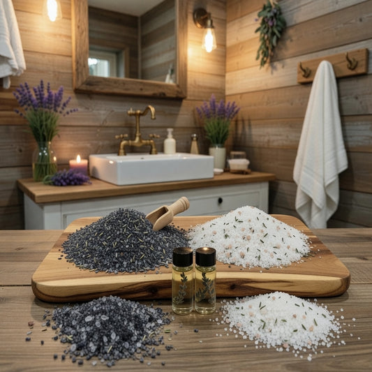 InspireByMK luxury spa bathroom display featuring dark lava and light epsom lavender bath salts with dried lavender buds on wooden tray, paired with Bulgarian lavender hydrosol bottles, wooden scoop, fresh lavender in glass vases, brass fixtures, and candles for natural aromatherapy bathing