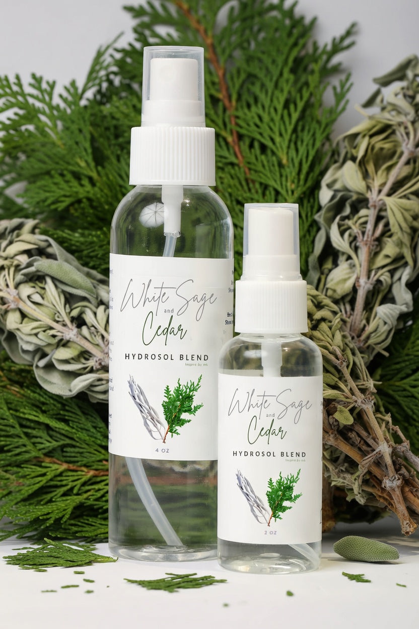 White Sage and Cedar Hydrosol Blend 4oz and 2oz spray bottles with fresh cedar and white sage. All natural organic smudging spray and purifying hydrosol blend. Pure steam-distilled white sage and cedar for cleansing, grounding and spiritual aromatherapy.