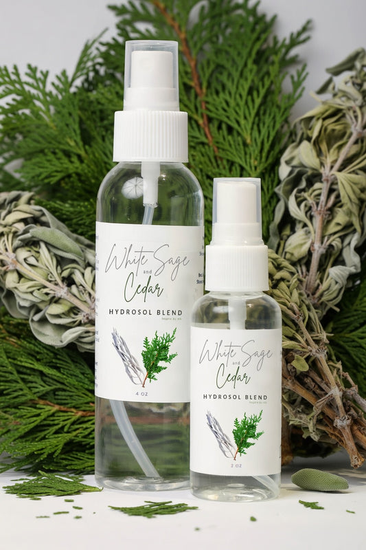 White Sage and Cedar Hydrosol Blend 4oz and 2oz spray bottles with fresh cedar and white sage. All natural organic smudging spray and purifying hydrosol blend. Pure steam-distilled white sage and cedar for cleansing, grounding and spiritual aromatherapy.