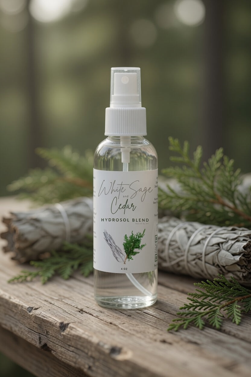 White Sage and Cedar Hydrosol Blend 4oz bottle on rustic wood with fresh cedar sprigs and white sage bundles. Organic smudge spray, grounding facial mist, and purifying room spray. Pure steam-distilled all-natural aromatherapy for energy cleansing and daily skincare rituals