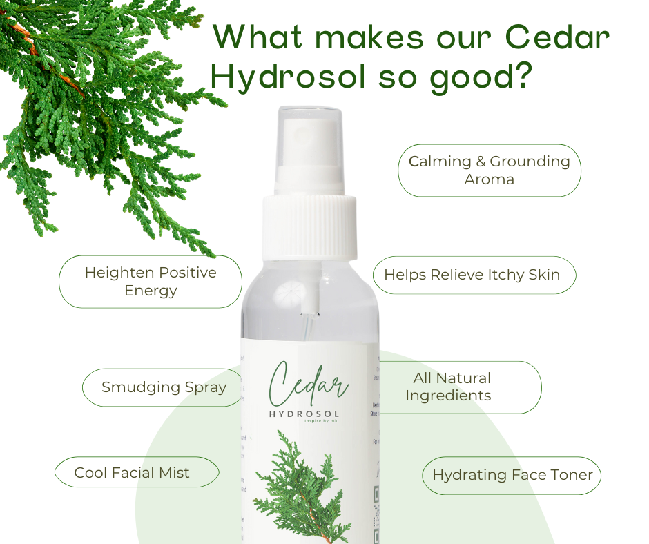 Cedar Hydrosol benefits infographic showing why our cedar hydrosol is so good. Calming and grounding aroma, smudging spray, cool facial mist, hydrating face toner, helps relieve itchy skin and heightens positive energy. All natural ingredients for daily grounding and skincare.