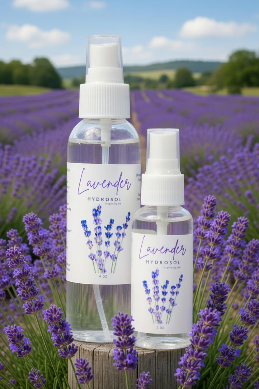 Lavender Hydrosol 4oz and 2oz spray bottles standing in a vibrant lavender field. All natural organic lavender hydrosol facial mist, body spray, and natural face toner. Pure steam-distilled lavender hydrosol for deep relaxation, better sleep, and calming aromatherapy.