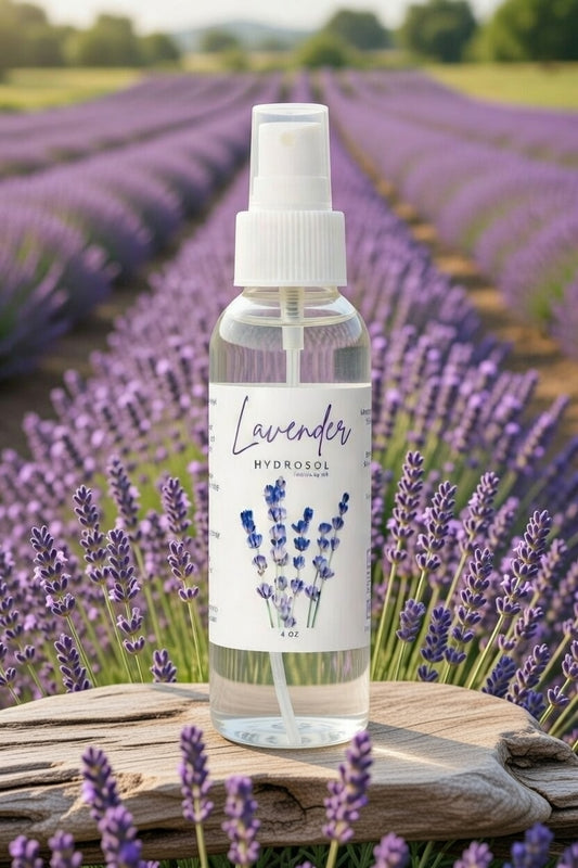 Lavender Hydrosol 4oz spray bottle standing in a blooming lavender field at golden hour. All natural organic lavender hydrosol facial mist, body spray, and natural face toner. Pure steam-distilled lavender hydrosol for relaxation, sleep support, and calming aromatherapy.