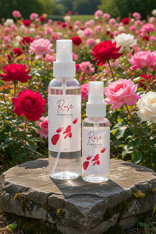 Rose Hydrosol 4oz and 2oz spray bottles on stone in a blooming rose garden. All natural organic rose hydrosol facial mist, body spray, and hydrating face toner. Pure steam-distilled rose hydrosol for glowing skin, emotional balance, and luxurious aromatherapy.