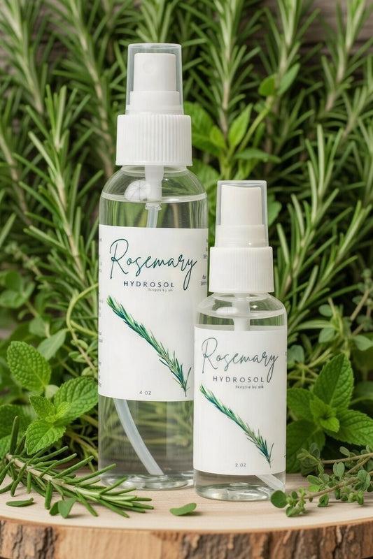 Rosemary Hydrosol 4oz and 2oz spray bottles on wooden slice surrounded by fresh rosemary and mint. All natural organic rosemary hydrosol facial mist, stimulating body spray, and natural face toner. Pure steam-distilled rosemary for mental clarity, hair care, and uplifting aromatherapy.