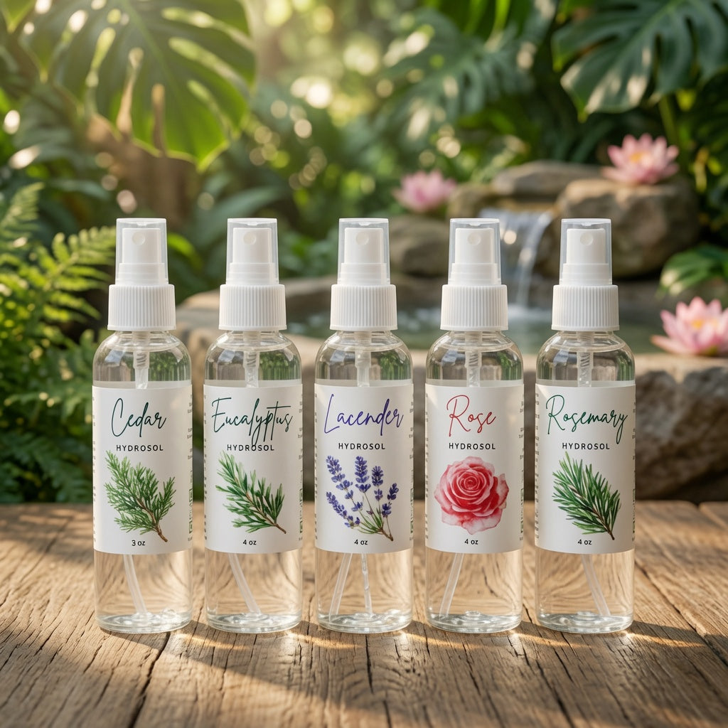 InspireByMK Hydrosol Collection in Cedar, Eucalyptus, Lavender, Rose & Rosemary, handcrafted all-natural facial & body mists in clear spray bottles, lined up on rustic wood by a tranquil garden waterfall, refreshing aromatherapy hydration for skin.