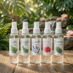 InspireByMK Hydrosol Collection in Cedar, Eucalyptus, Lavender, Rose & Rosemary, handcrafted all-natural facial & body mists in clear spray bottles, lined up on rustic wood by a tranquil garden waterfall, refreshing aromatherapy hydration for skin.