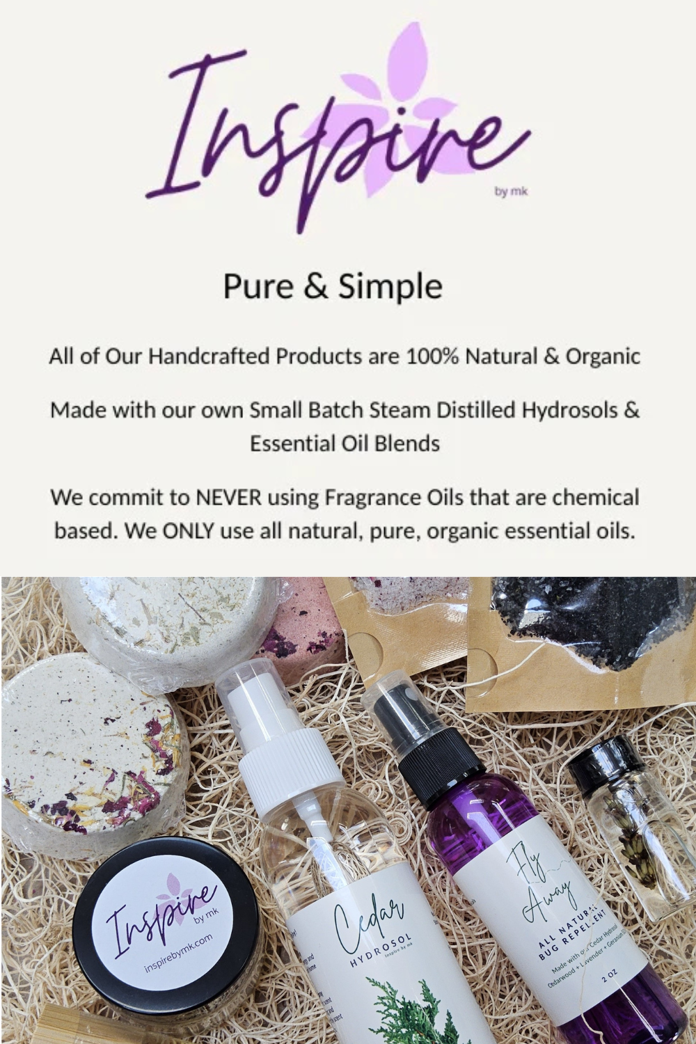InspirebyMK 100% natural organic handmade products, small batch steam distilled hydrosols and essential oils, pure and simple skincare.