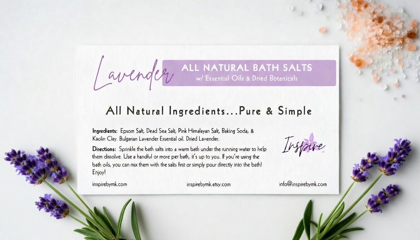 InspireByMK Lavender Epsom bath salt product label featuring all-natural epsom salt, dead sea salt, pink himalayan salt, kaolin clay, Bulgarian lavender essential oil, and dried lavender botanicals, decorated with fresh purple lavender sprigs