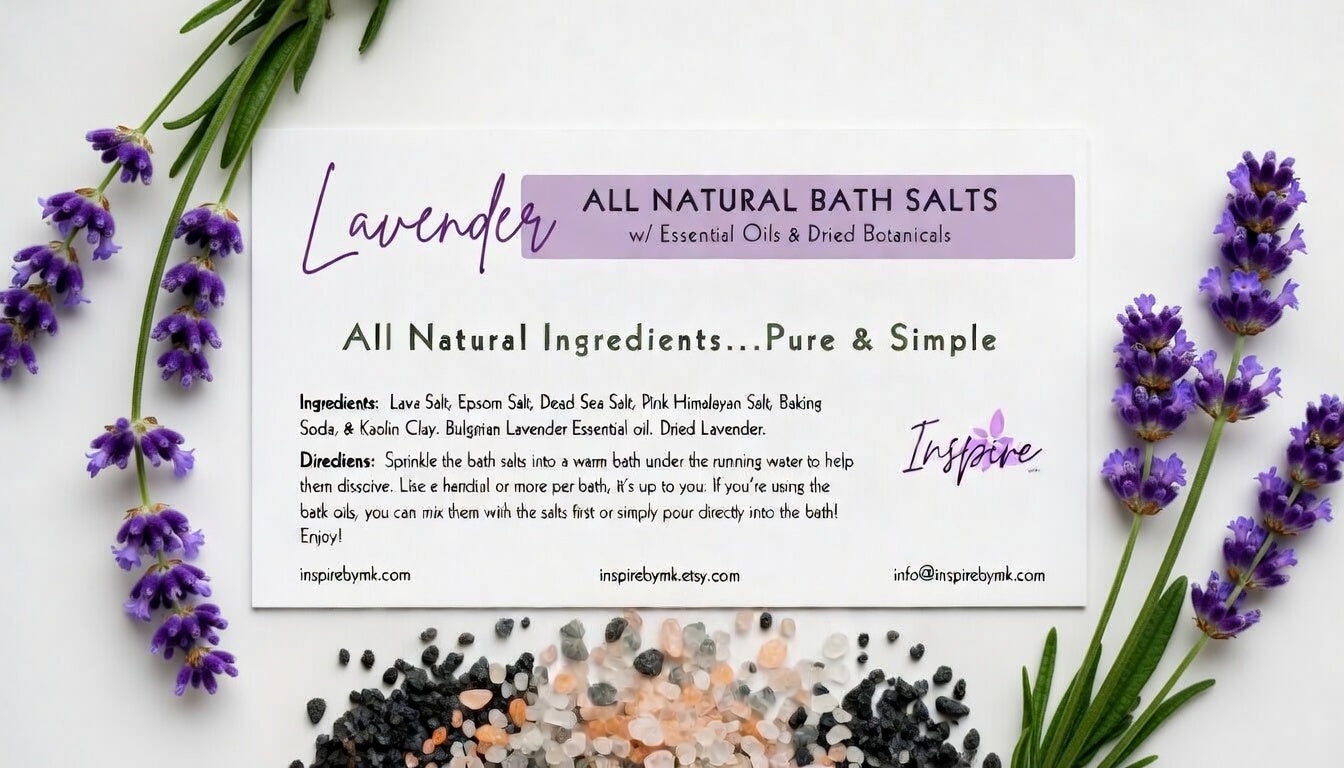 InspireByMK Lavender Lava bath salt label with all-natural lava salt, epsom salt, dead sea salt, pink himalayan salt, baking soda, kaolin clay, Bulgarian lavender essential oil, and dried lavender surrounded by fresh purple lavender botanical styling