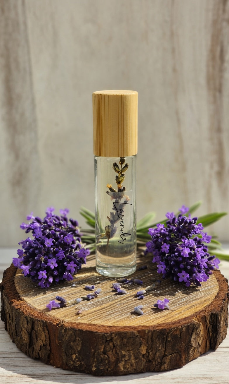 Lavender essential oil roller bottle with real dried lavender buds inside, surrounded by fresh lavender flowers. Calming all-natural aromatherapy roller made with pure Bulgarian lavender essential oil, vitamin E, and sweet almond oil for relaxation and better sleep.