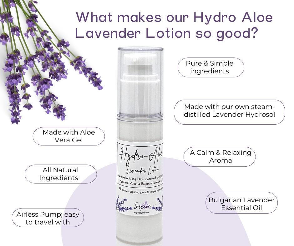 InspireByMK Hydro-Aloe Lavender Lotion infographic highlighting product benefits including aloe vera gel, steam-distilled lavender hydrosol, Bulgarian lavender essential oil, airless pump applicator, all-natural ingredients, and calm relaxing aroma