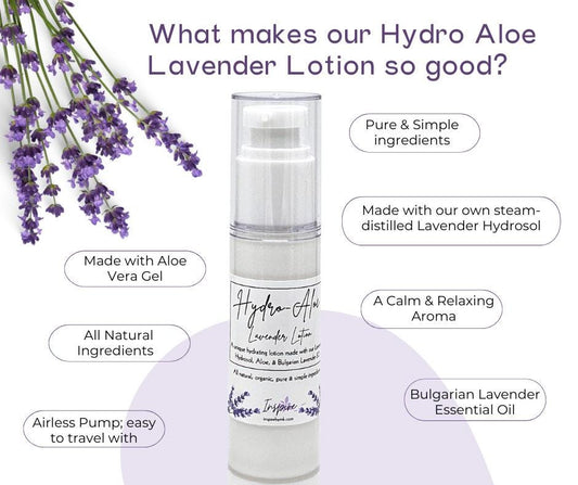 InspireByMK Hydro-Aloe Lavender Lotion infographic highlighting product benefits including aloe vera gel, steam-distilled lavender hydrosol, Bulgarian lavender essential oil, airless pump applicator, all-natural ingredients, and calm relaxing aroma