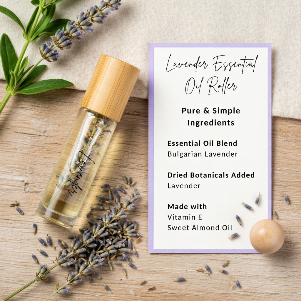 Lavender essential oil roller with Bulgarian lavender and dried botanicals, vitamin E and sweet almond oil, pure natural aromatherapy roller