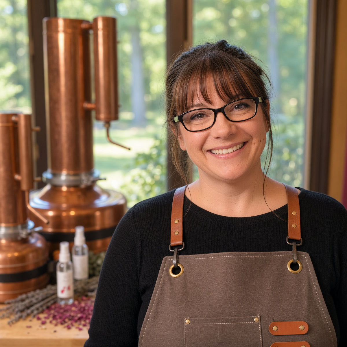 Megan Varney with her copper stills that is used to make InspireByMK hydrosols from Plant Botanicals 
