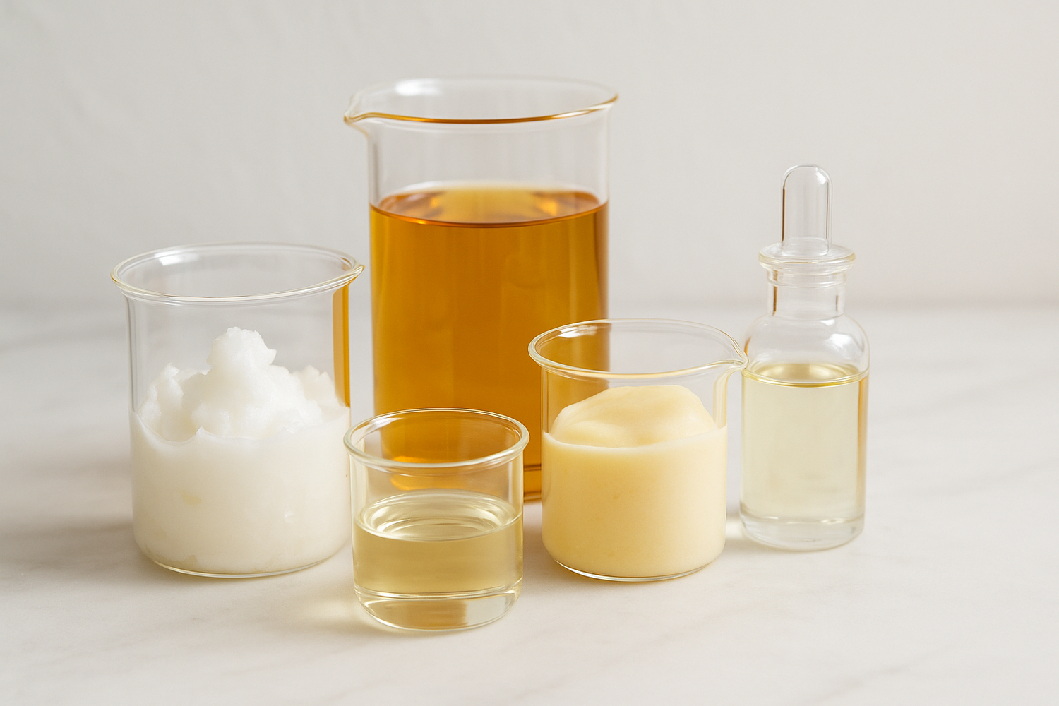 InspireByMK pure natural ingredients displayed in glass beakers including aloe vera gel, steam-distilled hydrosols, organic carrier oils, and essential oils in apothecary bottles for handcrafted aromatherapy products