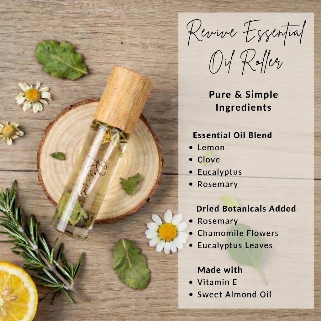 Revive Essential Oil Roller showing pure and simple ingredients including lemon, clove, eucalyptus, and rosemary essential oils plus dried botanicals. Energizing all-natural aromatherapy roller designed to boost focus and vitality.