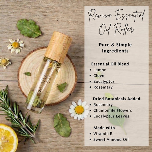 Revive Essential Oil Roller showing pure and simple ingredients including lemon, clove, eucalyptus, and rosemary essential oils plus dried botanicals. Energizing all-natural aromatherapy roller designed to boost focus and vitality.