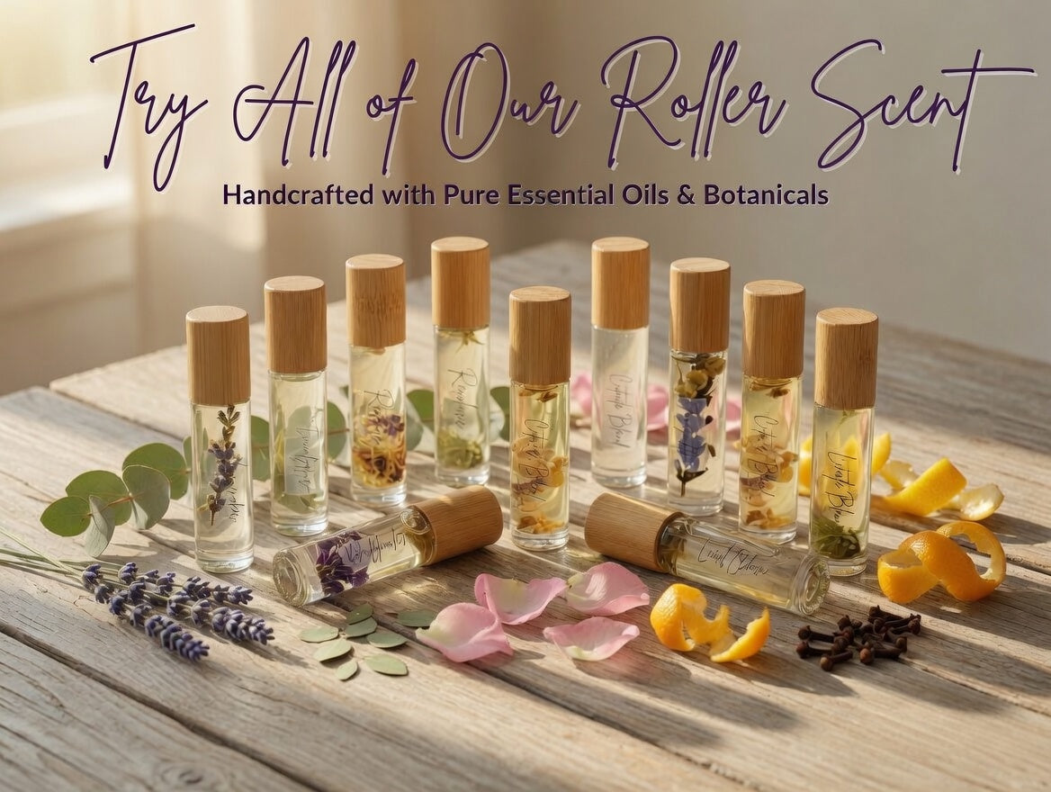Try all of our roller scents - full collection of natural essential oil roller bottles displayed with fresh botanicals and citrus. Handcrafted aromatherapy perfume rollers made with pure essential oils and dried flowers.