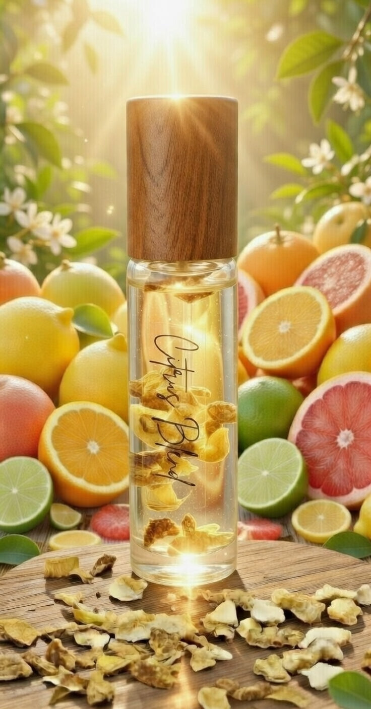 Vibrant Citrus Blend essential oil roller glowing in warm sunlight surrounded by fresh pink grapefruit, lemons, limes, and oranges. This uplifting all-natural aromatherapy roller is handcrafted with pink grapefruit, lemon, lime, and sweet orange essential oils plus dried citrus botanicals in a base of vitamin E and sweet almond oil for energy and mood boost.