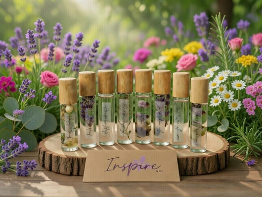 Complete essential oil roller collection displayed in a beautiful flower garden with lavender, roses, and fresh herbs. All natural aromatherapy roller set featuring multiple calming and uplifting scents