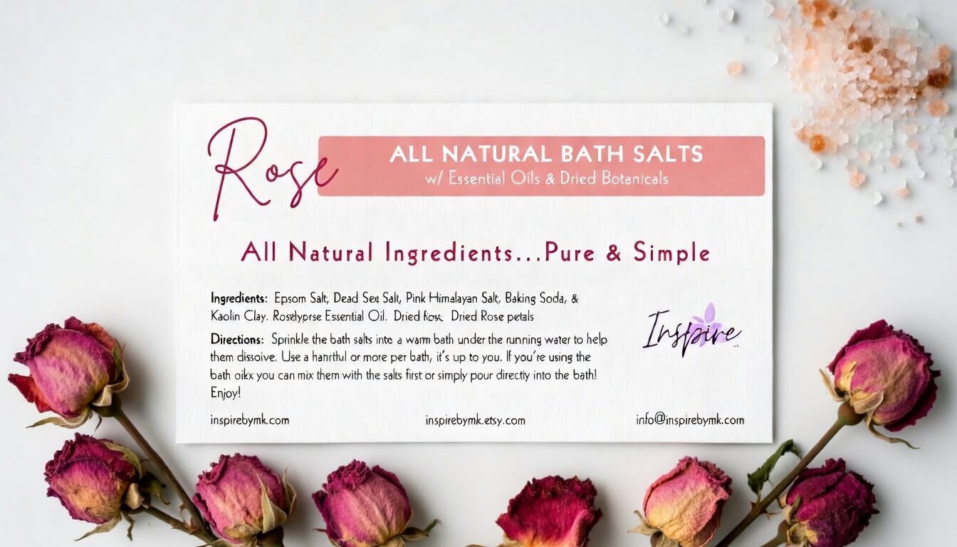 InspireByMK Rose Epsom Bath Salts label surrounded by dried pink rose buds, with pink Himalayan salt and bath salts scattered nearby. All-natural Epsom bath salts with rose essential oil and dried rose petals