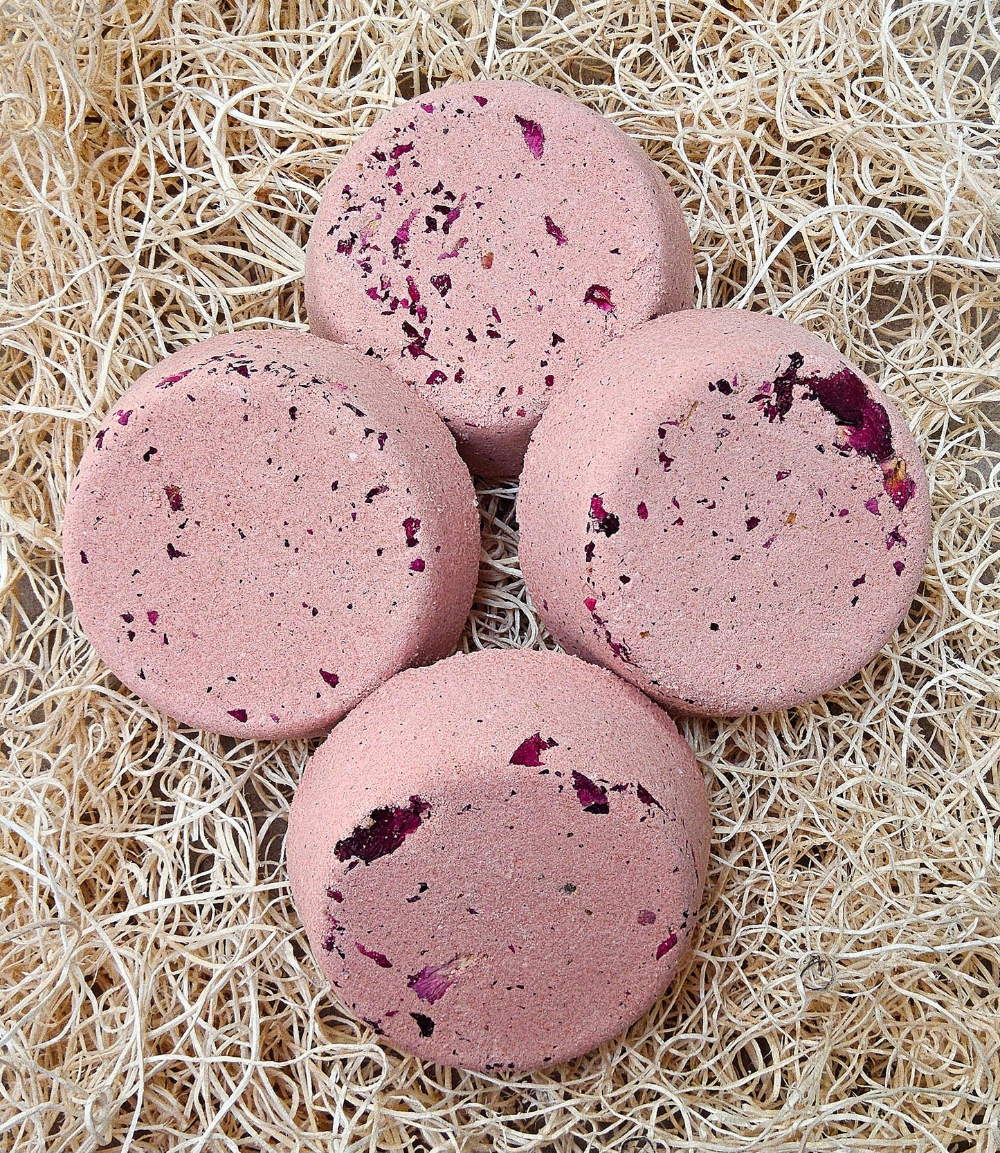 InspireByMK Rose shower steamer featuring pure rose essential oil with rose hydrosol, pink-mauve handcrafted steamer with dark purple dried rose petals for romantic, calming aromatherapy spa experience