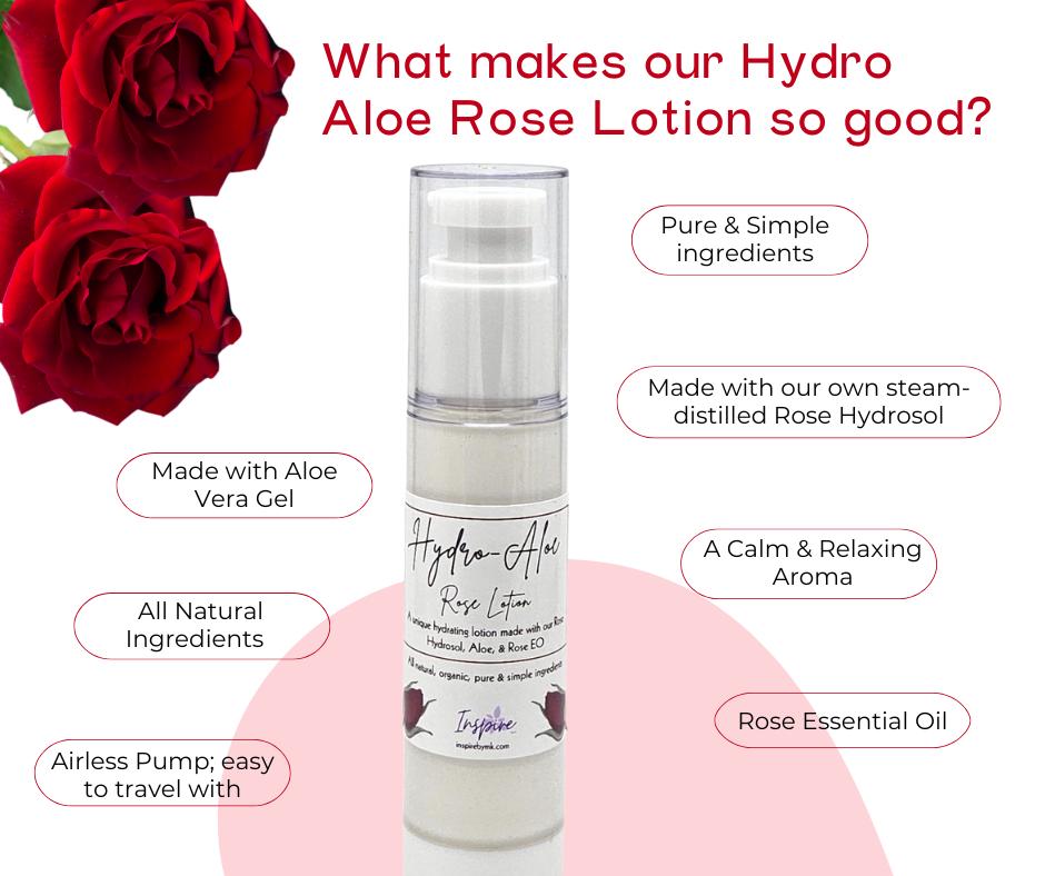 InspireByMK Hydro-Aloe Rose Lotion infographic showcasing product features with aloe vera gel, steam-distilled rose hydrosol, rose essential oil, airless pump dispenser, pure natural ingredients, and luxurious calming aroma with fresh rose botanical styling