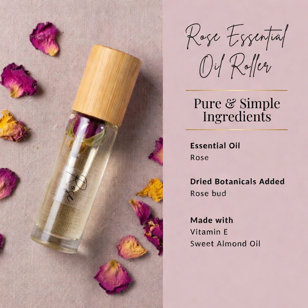 Rose Essential Oil Roller infographic showing pure and simple ingredients including pure rose essential oil, rose bud, vitamin E, and sweet almond oil. All natural organic aromatherapy roller for emotional balance, self-love, and calming.