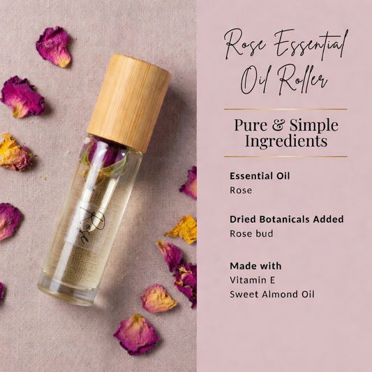 Rose Essential Oil Roller infographic showing pure and simple ingredients including pure rose essential oil, rose bud, vitamin E, and sweet almond oil. All natural organic aromatherapy roller for emotional balance, self-love, and calming.