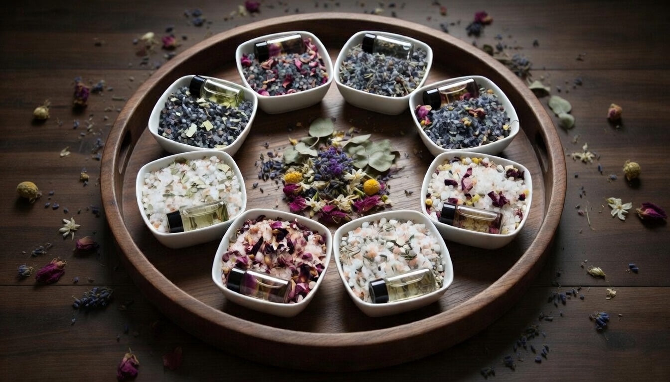 InspireByMK handcrafted bath salts collection featuring eight varieties in white ceramic bowls with dried rose petals, lavender, chamomile, and botanicals, gold essential oil roller bottles, arranged on wooden display tray for natural aromatherapy and spa wellness