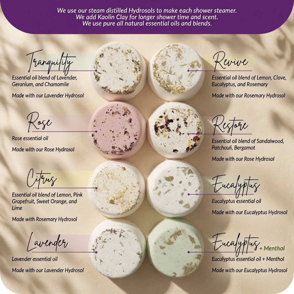 Shower Steamer Menu featuring eight all-natural shower steamers: Tranquility, Revive, Rose, Restore, Citrus, Eucalyptus, Lavender, and Eucalyptus + Menthol. Each steamer is made with steam-distilled hydrosols, Kaolin Clay, and pure essential oils for a longer-lasting, aromatic shower experience