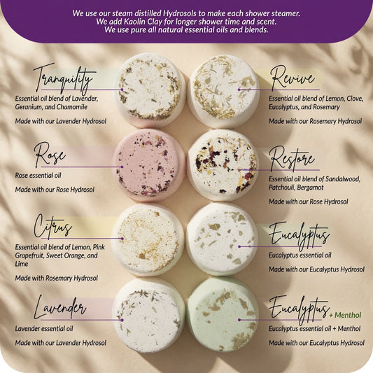 Shower Steamer Menu featuring eight all-natural shower steamers: Tranquility, Revive, Rose, Restore, Citrus, Eucalyptus, Lavender, and Eucalyptus + Menthol. Each steamer is made with steam-distilled hydrosols, Kaolin Clay, and pure essential oils for a longer-lasting, aromatic shower experience