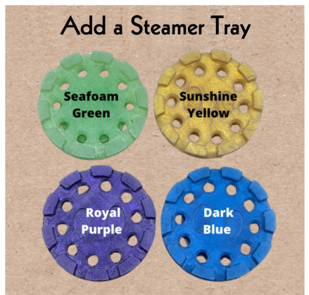 InspireByMK shower steamer trays available in four colors — Seafoam Green, Sunshine Yellow, Royal Purple, and Dark Blue — each with a round perforated design to hold and drain shower steamers.