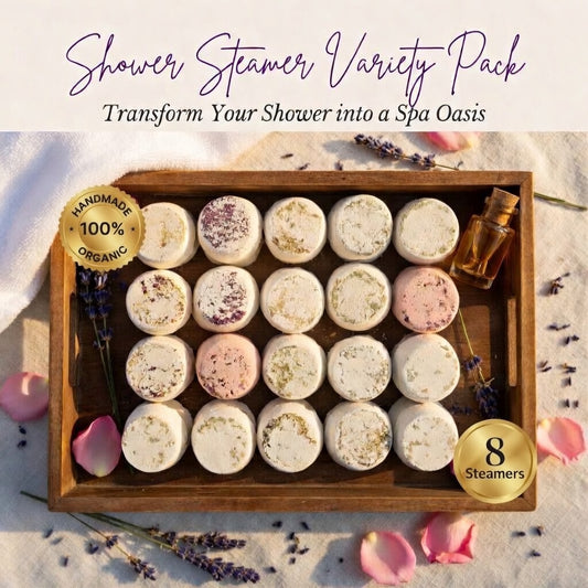 InspireByMK Shower Steamer Variety Pack featuring 8 handcrafted aromatherapy scents with 20 total steamers in wooden display tray, 100% organic handmade with dried botanicals including lavender, rose petals, and essential oil blend, transforms shower into spa oasis