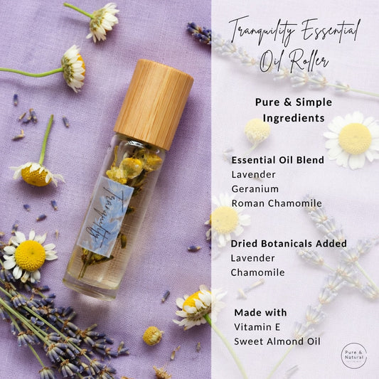 Tranquility Essential Oil Roller infographic displaying pure and simple ingredients with lavender, geranium, and roman chamomile essential oils plus dried lavender and chamomile botanicals. All natural organic aromatherapy roller made with vitamin E and sweet almond oil for deep relaxation and stress relief.