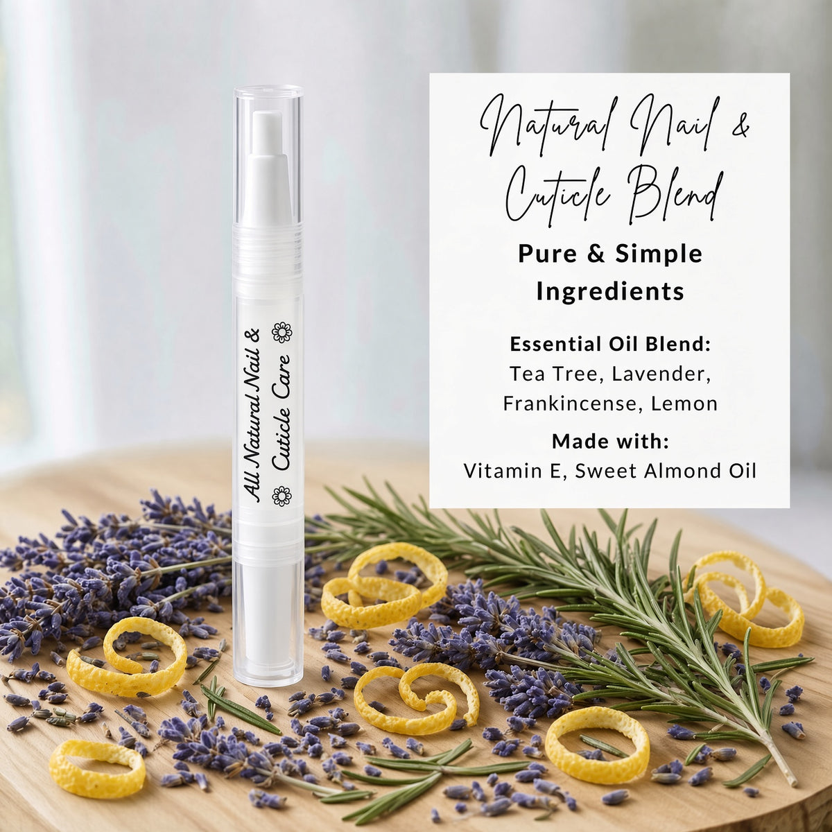 Natural Nail & Cuticle Blend pen with ingredients listed: essential oil blend of tea tree, lavender, frankincense and lemon, made with vitamin E and sweet almond oil