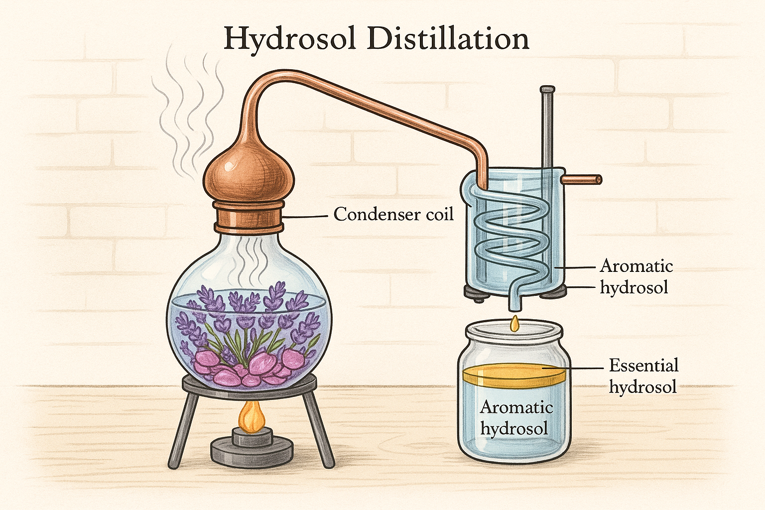 Animated hydrosol distillation process showing steam distillation of botanicals in a copper still, condenser coil, and collection of pure aromatic hydrosol. Educational motion graphics explaining how we create our all natural organic hydrosols for skincare, facial mist, and aromatherapy.
